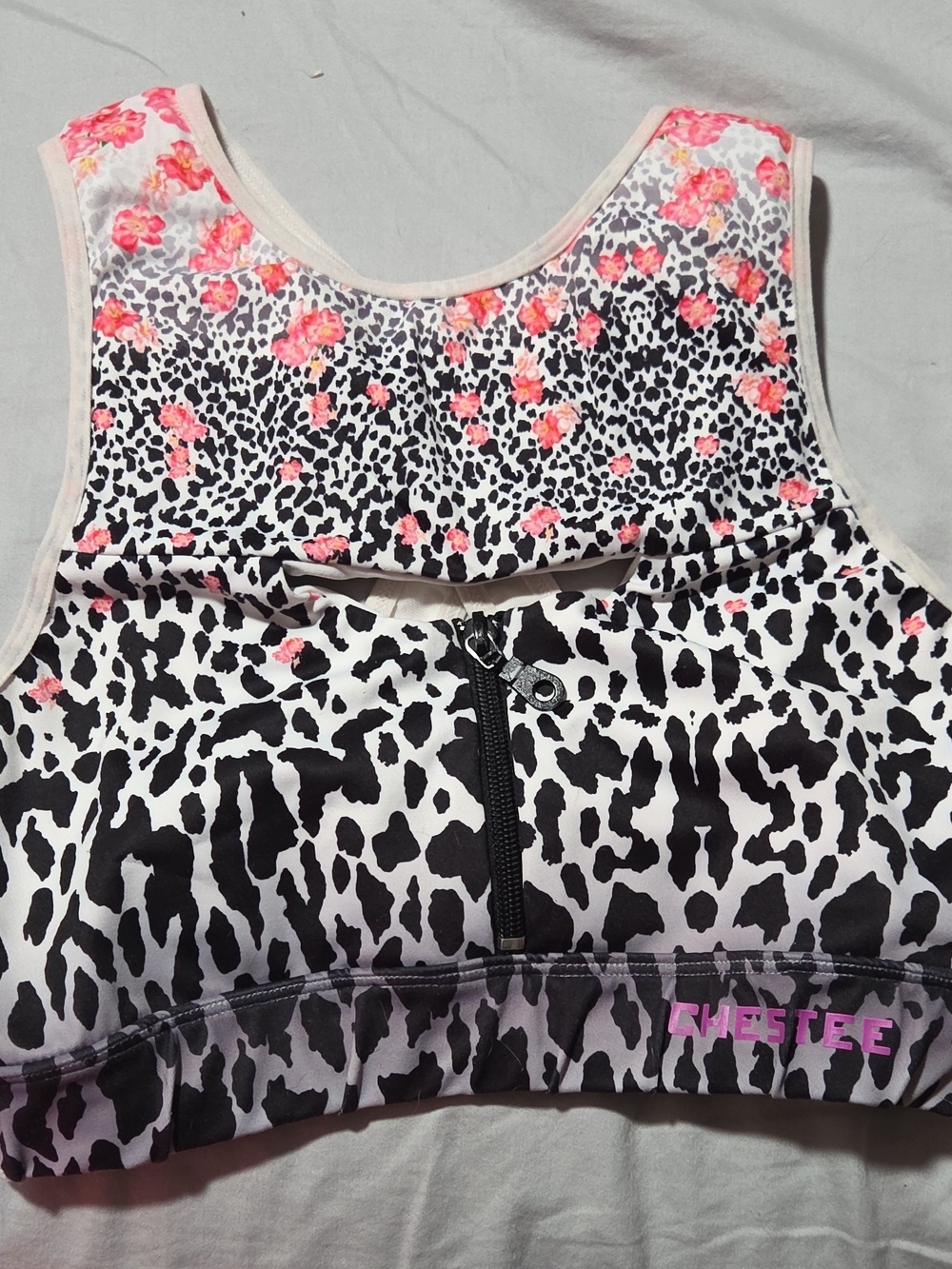 The Chestee Black and White Leopard Print Sports Bra with Pink Floral Accents